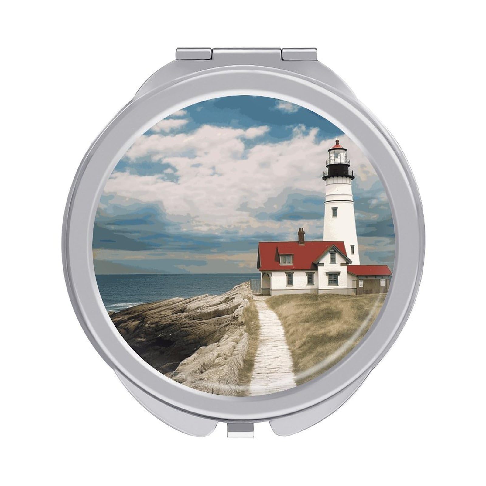 FekiLoot Lighthouse Backdrop Makeup Mirror Compact Round Travel Makeup Mirror Portable Folding Handheld Pocket Mirrors for Handbag and Purses Gift Mini Mirrors