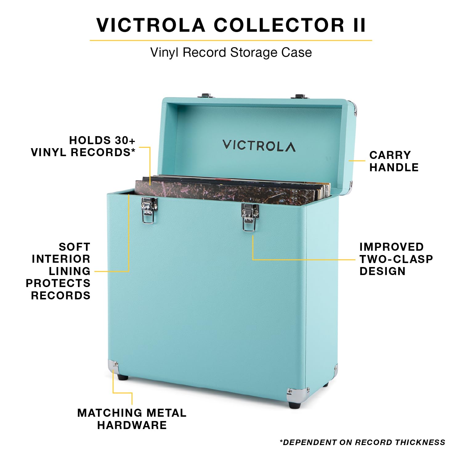 Victrola Collector II (modèle 2026) – Étui de rangement pour disques vinyles – Peut contenir plus de 30 disques vinyles, matériel robuste, doublure intérieure douce, portable avec poignée de transport
