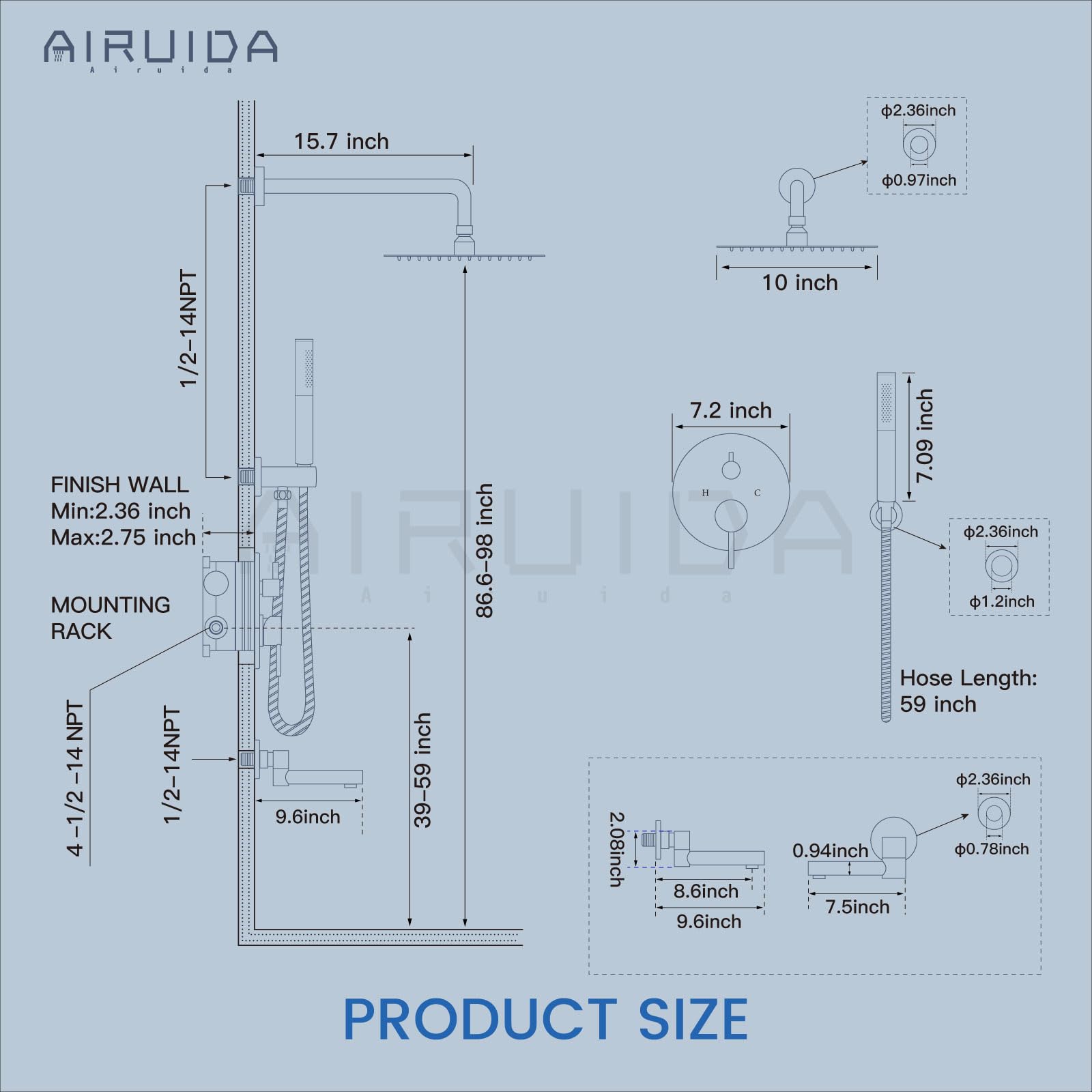 Airuida System prysznicowy z wylewką wanną 3-funkcyjny zestaw baterii prysznicowych okrągła wanna z opadami deszczu i bateria prysznicowa Combo z zaworem zgrubnym 2 funkcje ręczny spray 25 cm głowica
