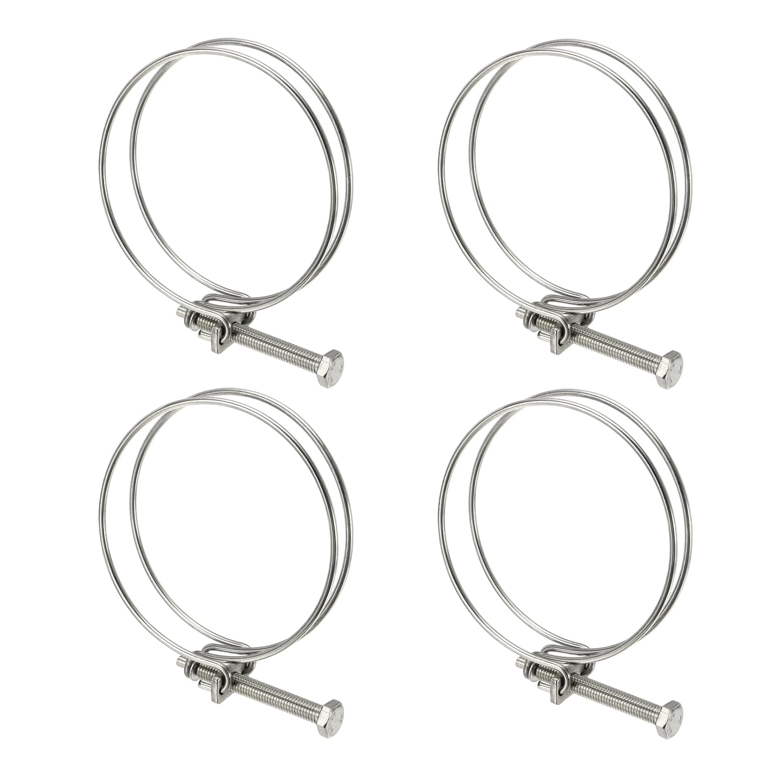 sourcing map 4 Pcs Double Wire Hose Clips 98-105 mm 304 Stainless Steel Adjustable Wire Pipe Tube Clamps with M8 Screw Plumbing Joint Fastener for Dust Collection Pool Pond, Silver