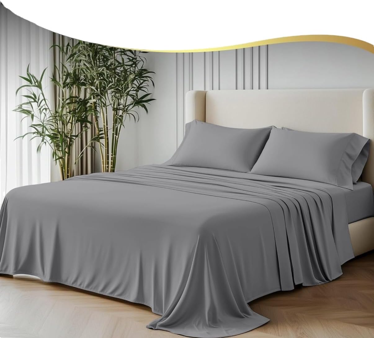 GF 100% Organic Bamboo Bedding Set 300tc Luxurious Sateen Weave Bed Set Duvet Cover, Extra Deep 40cm Fitted Sheet, 2 x Pillow Cases Grey Kingsize - Amazon product rated Grade B