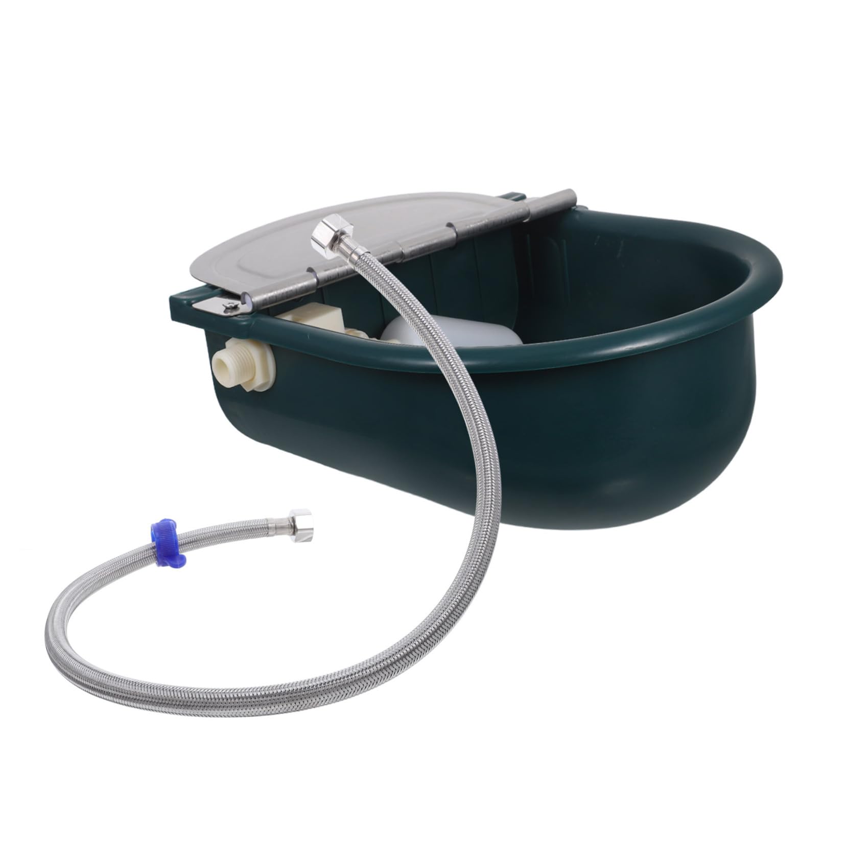 Milisten Abreuvoir Automatique pour Animaux Plastique avec Robinet à Flotteur Anti-débordement Cuvette Auto-remplissante pour Chevaux Bovins Chèvres et Chiens avec Tuyau Inox Tressé Vert