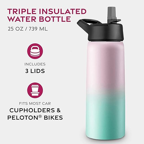 Miniatura 2 de Botellas de agua de acero inoxidable con triple aislamiento con pajita, botellas de agua aisladas reutilizables de 25 Oz con 3 tapas, botella de