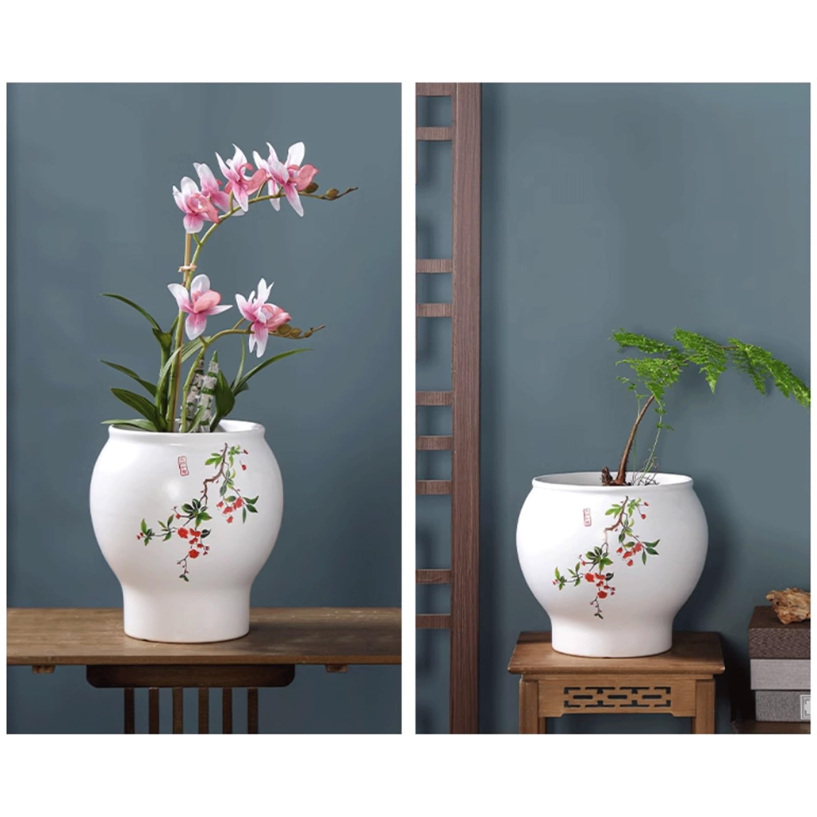 Dekoracyjna tradycyjna chińska biała doniczka ceramiczna z otworem drenażowym, klasyczna porcelanowa doniczka na rośliny, okrągła doniczka do wnętrz, odpowiednia dla kaktusów, storczyków, patio (23,5