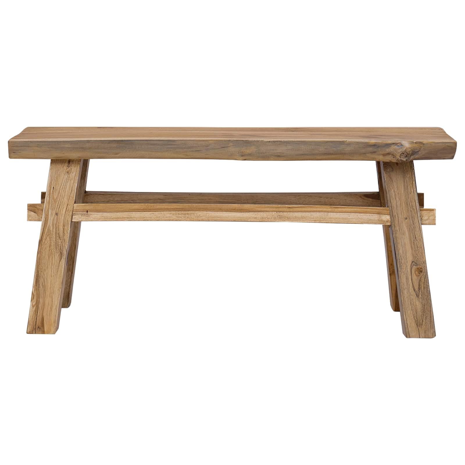 Ławka z naturalnego drewna tekowego, 100 x 29 x 43,5 cm, stabilna ławka do siedzenia na balkon, do ogrodu, na taras, z naturalnym rysunkiem słojów i wytrzymałą ramą, wszechstronne