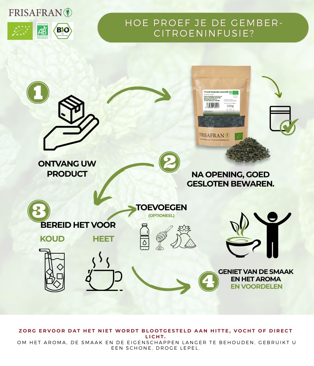 FRISAFRAN | Organiczna miętowa zielona herbata Gunpowder luzem 100 g | przeciwutleniacz | japońska zielona herbata | trawienie | zdrowy | orzeźwiający napój | napar z mięty | czysta herbata | liście