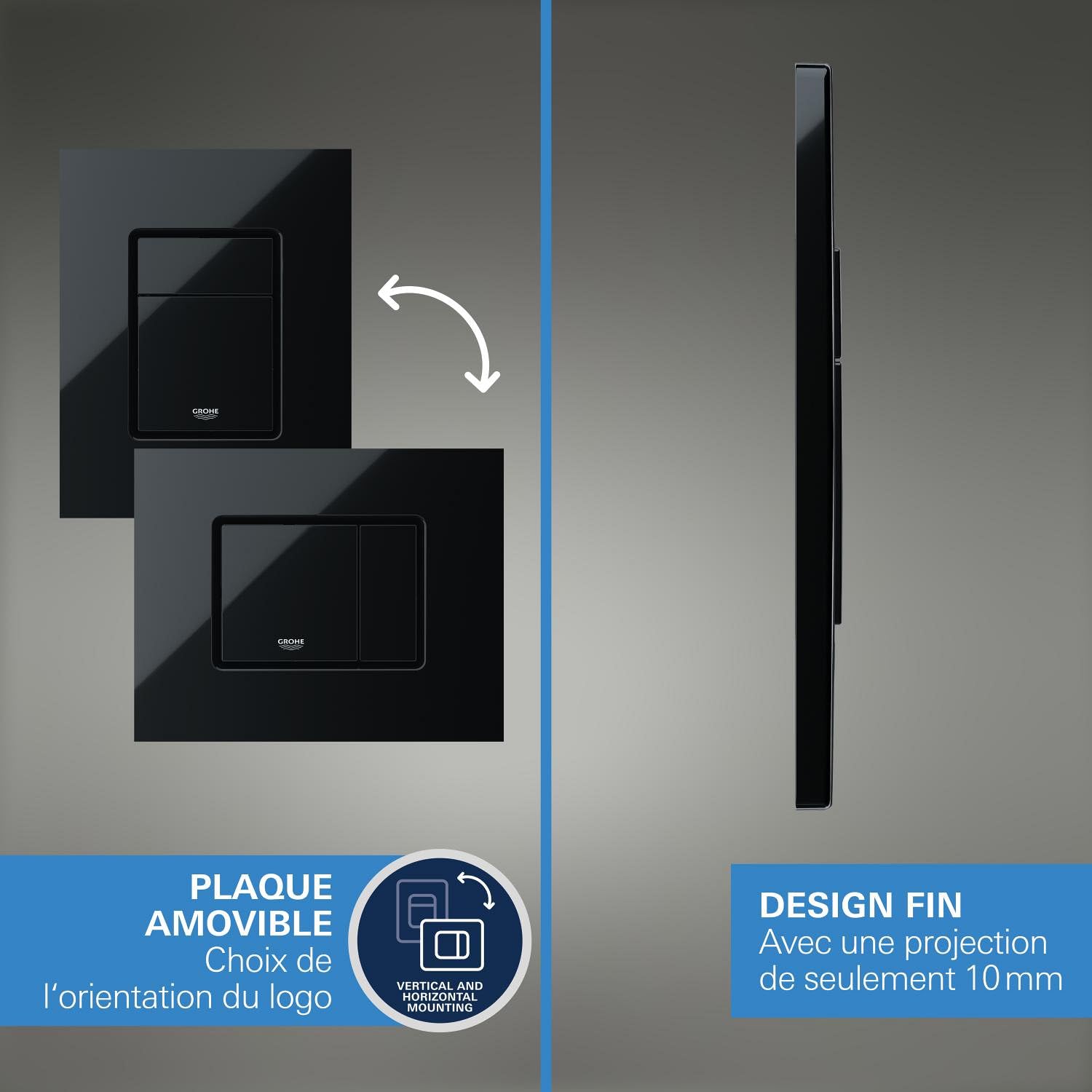 GROHE Even Plaque de Commande, Double Touche Interrompable, Economie d'Eau, Montage Horizontal ou Vertical, ABS, Glossy Black, 38966Kv0
