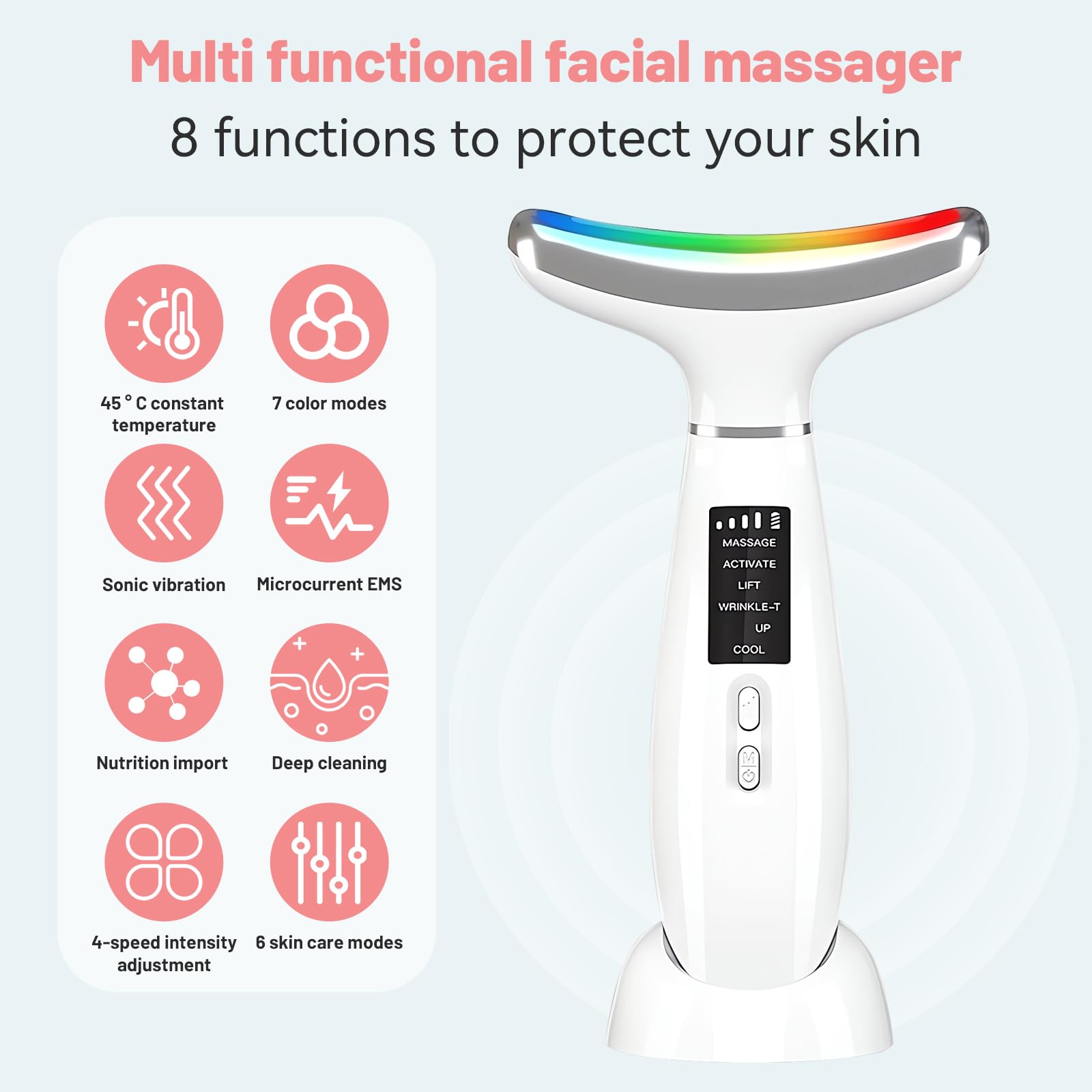 Appareil Massage Visage 7 LED, chaud/froid, EMS, 4 niv. & USB-C | Raffermissement pour visage, cou & yeux – anti-rides, drainage lymphatique et effet tenseur, idéal pour un soin quotidien