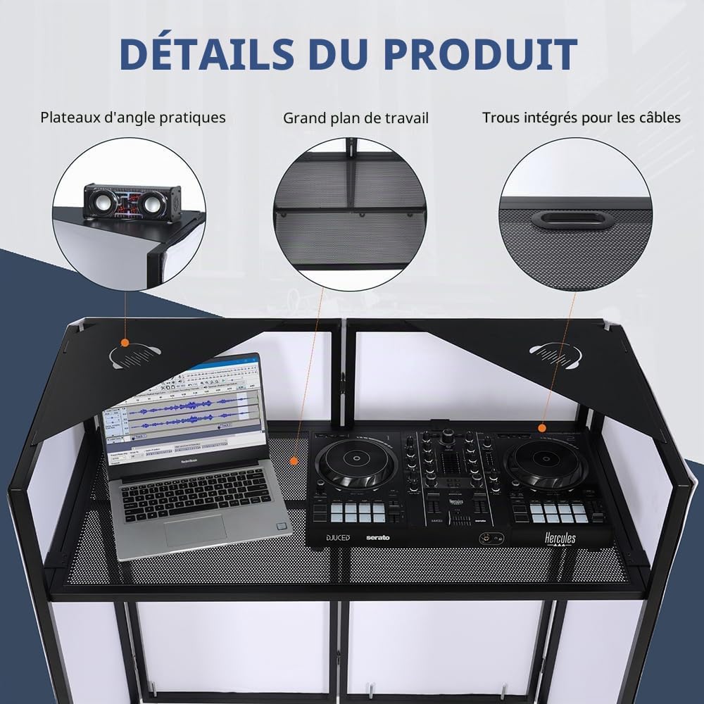SMONTER Table DJ portable avec barre lumineuse et télécommande - Booth DJ avec passage de câbles, double coin supérieur, cadre en métal, scrims noirs et blancs, 5 pieds ajustables et sac de transport