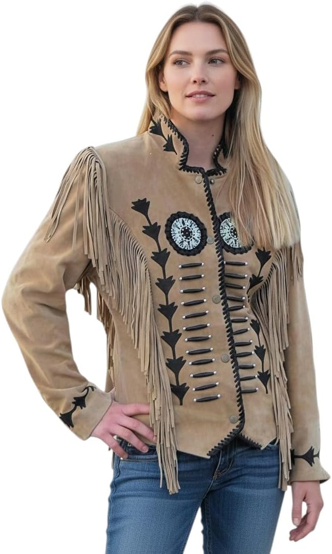 Women’s Western Suede Fringe Jacket – Genuine Leather Cowgirl Coat Vintage Frontier Style