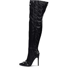 Cape Robbin Womens Thigh High Boots Pointy Toe - 3.5 Inch Heel Metallic PU Leather Boots with Stud & Buckle Trim, Dangling Lace Zipper Pofin-2