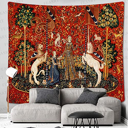 Feasrt European Royal Tapestry Unicorn With Lion Tapestry Maiden And Unicorn Tapestry Lady Tapestry, Large 100X90 Inches Soft Flannelette, For Bedroom Living Room Dorm Gtay14 #TOP1
