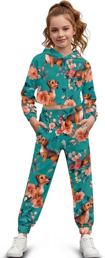 Kids Girls 2 Piece Outfits Crop Tops Hoodies Long Sleeve Sweatshirts and Jogger Sweatpants Fall Winter Sweatsuit