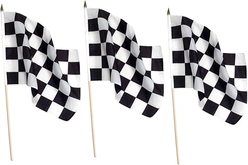 Online Stores Inc Bandera a cuadros de 12 x 18 pulgadas en palo de madera (paquete de 3)