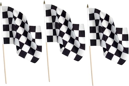 Online Stores Inc Checkered 12 x 18 inch Flag on Wooden Stick 3 PK