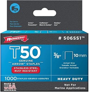 Arrow 506SS1 T50 Stainless Steel Heavy Duty Staples 3/8" Leg & Crown, Rust-Resistant 1000 Pack for Upholstery, Crafts & Construction