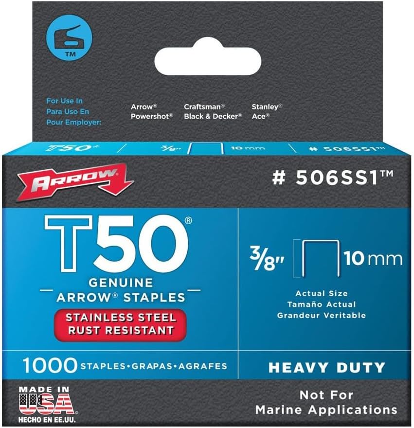 506SS1 Heavy Duty T50 Stainless Steel Staples for Upholstery, Construction, Furniture, Crafts, 3/8-Inch Leg 3/8-Inch Crown Size,Length, 1000 Count (Pack of 1)