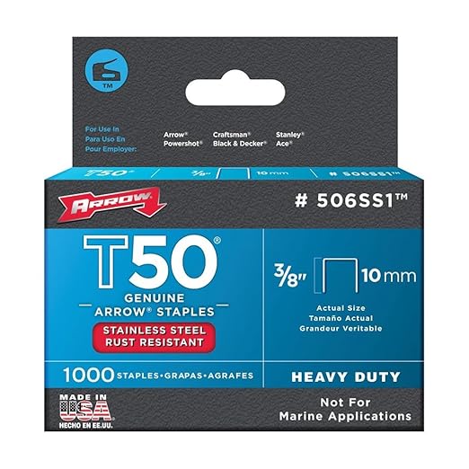 Arrow Fastener 506SS1 Heavy Duty T50 Stainless Steel Staples for Upholstery, Construction, Furniture, Crafts, 3/8-Inch Leg 3/8-Inch Crown Size,Length, 1000 Count (Pack of 1)