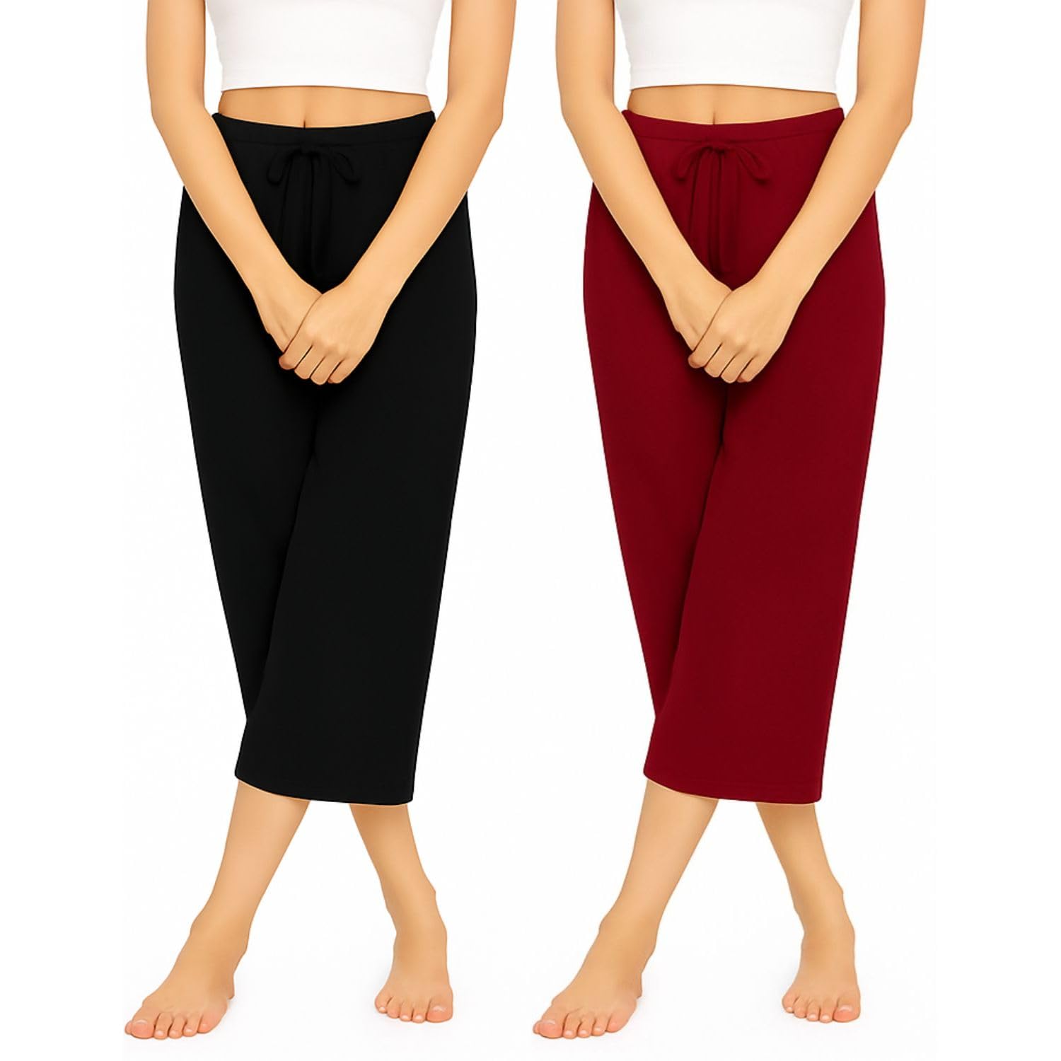 Women's Casual Cotton Plain 3/4th Capri For Womens Black, Marrone 2Pack-image-49
