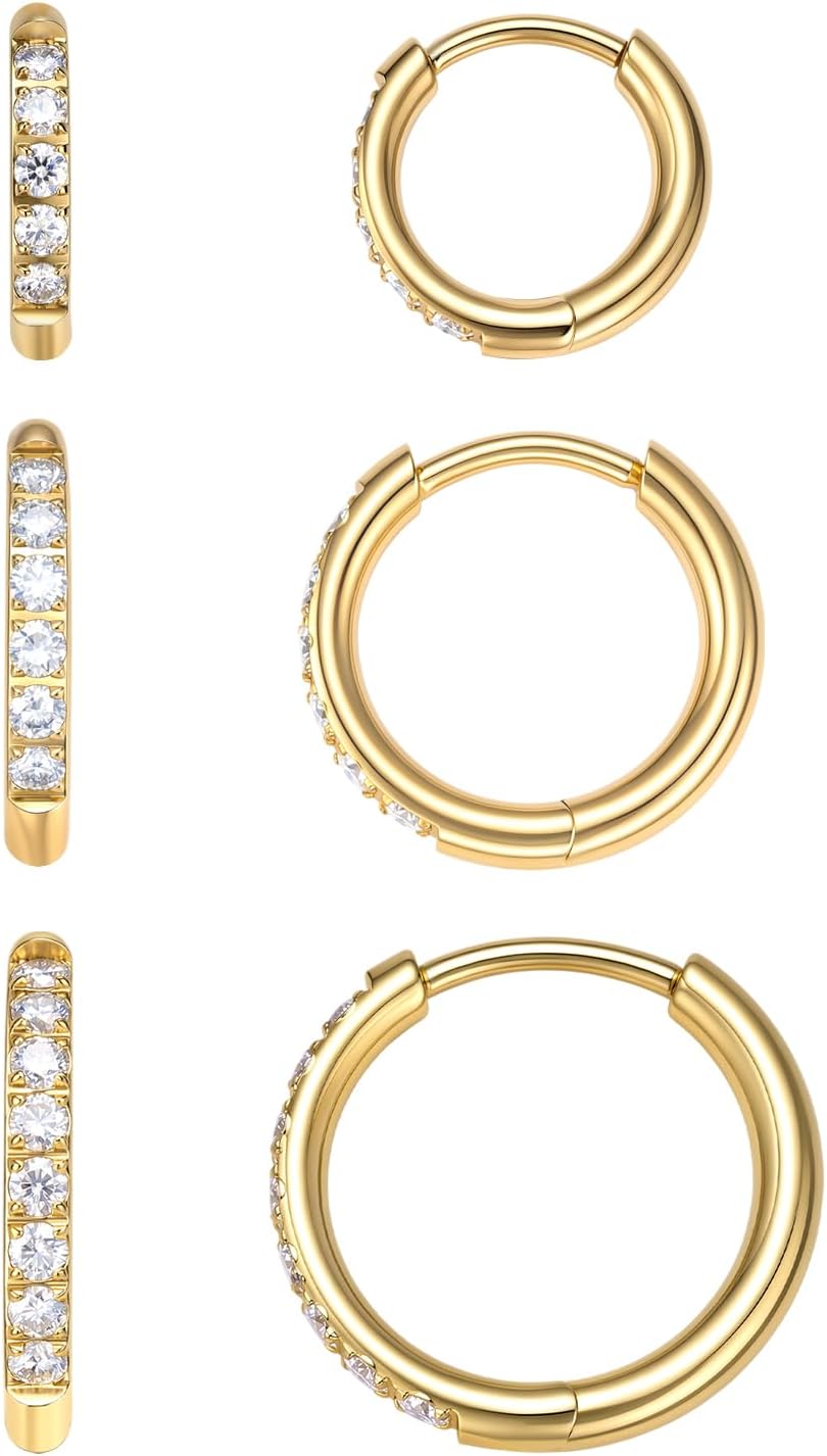 VOJO Moissanite Titanium Huggie Hoop Earrings for Women, 3 Pairs Set Hypoallergenic 14K Gold and Silver Small Tiny Cartilage Earrings