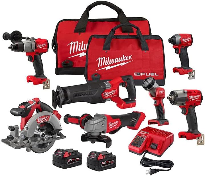 Milwaukee M18 FUEL Brushless 18V Li-ion Cordless Combo Kit with 2 5.0Ah Batteries, 1 Charger, 2 Tool Bags (7 Tools)