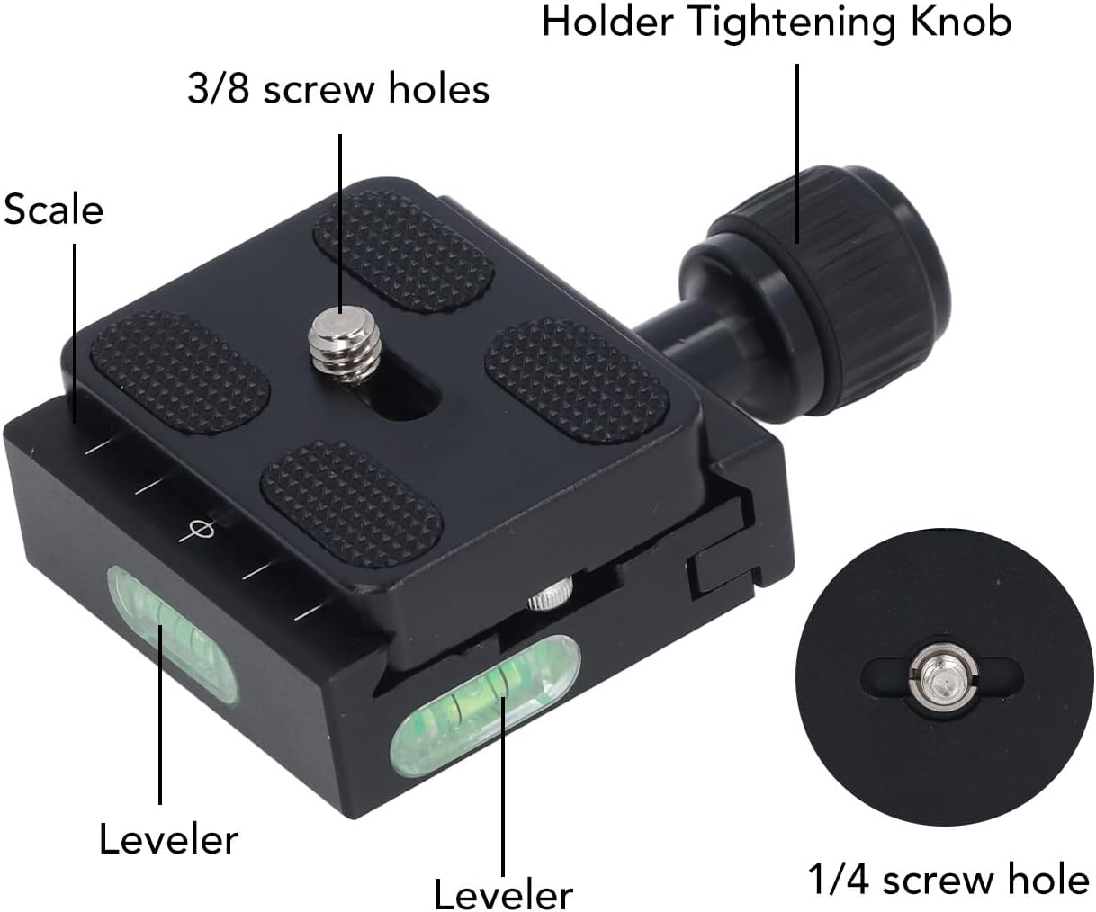 Camera Quick Release Clamp 50mm, Arca Design, Built in 3 Bubble Level, 3/8 to 1/4 Inch Thread, Aluminum Alloy, Compatible with Quick Release Plate 33 to 38mm Wide