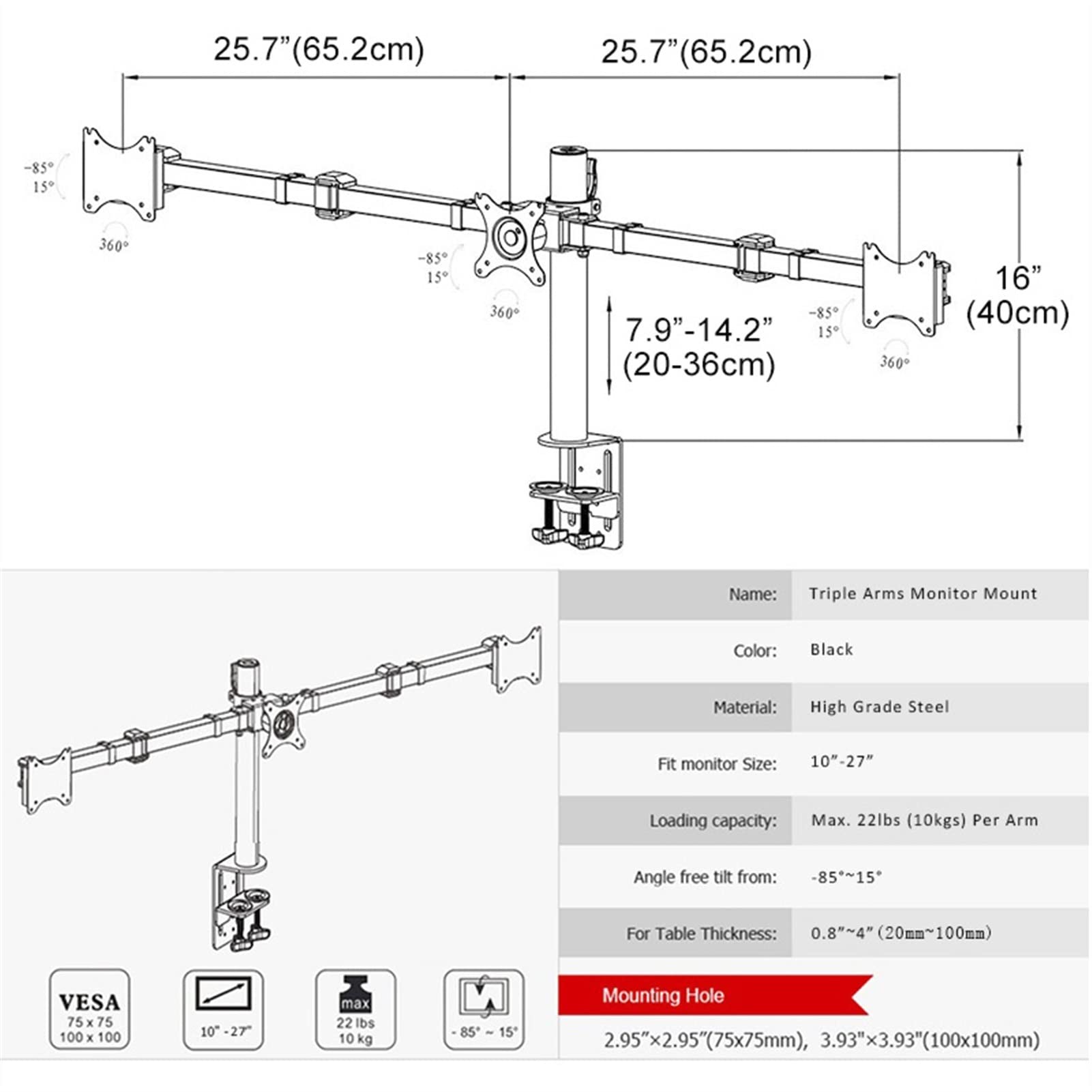 Supporto per TV triplo monitor per 10-27 pollici Supporto da scrivania per 3 monitor, braccio completamente regolabile e autoportante per impieghi gravosi, supporto con clip da scrivania, ogni bracci