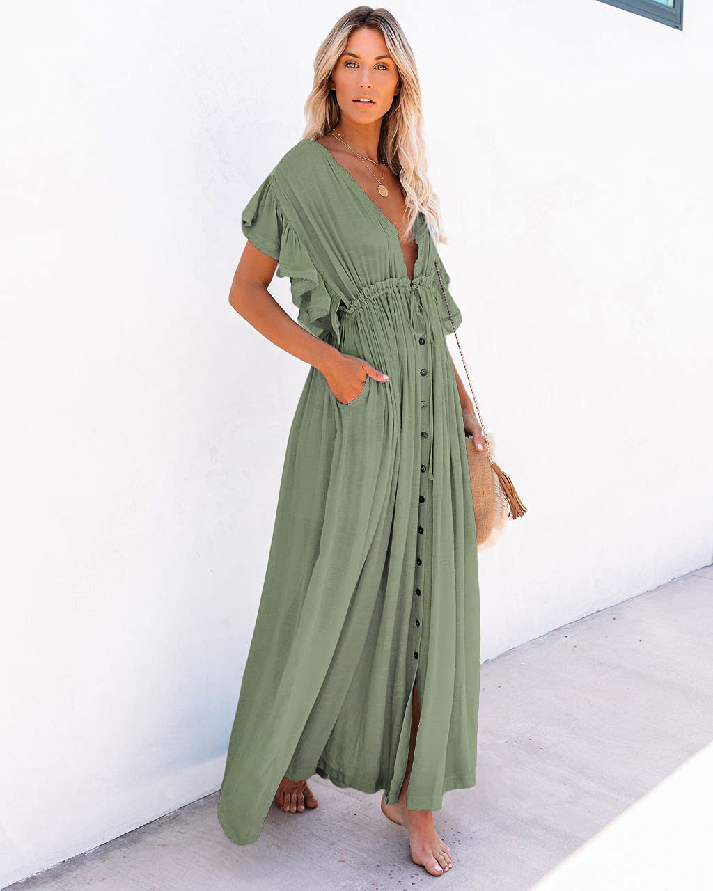 Damski długi plażowy kimono, kardigan z przodu, guziki, bikini, strój kąpielowy okrycie ze sznurkiem, damskie okrycie z frędzlami, wykończenie z paskiem, midi, długość do kostki, dekolt w serek