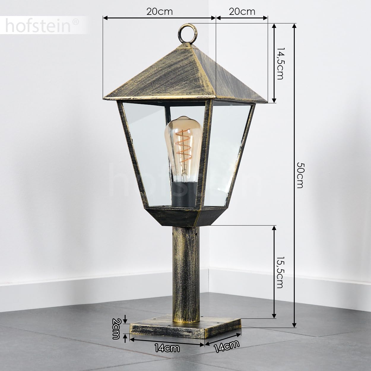 HOFSTEIN Lampa zewnętrzna Anfei, lampa cokołowa z metalu/szkła w kolorze brązowo-złotym/przezroczystym, oświetlenie ścieżki o antycznym wyglądzie, wysokość 50 cm, oświetlenie ogrodowe IP44, 1 x E27,