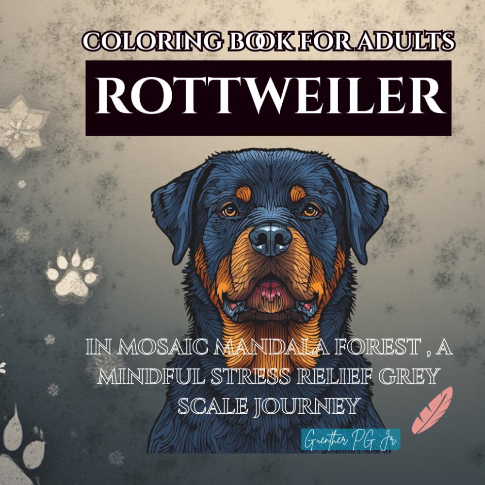 Rottweiler in Mosaic Mandala Forest: A mindful stress relief grey scale journey