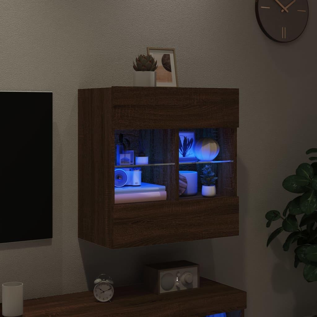 Wandmontage TV Meubel met LED Verlichting, Eikenbruin, 58,5x30x60,5 cm, Zwevende Tv Kast met Opbergramte, Multifunctioneel, voor Woonkamer en Slaapkamer