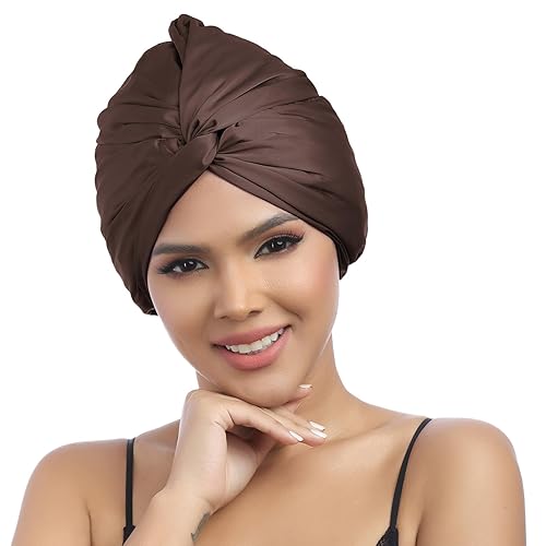 MBJERRY Gorro de satén para dormir, gorro de pelo anudado ajustable para mujeres negras, cabello natural rizado, Marrón