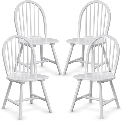 KOTEK Juego de 4 sillas de comedor de madera, sillas Windsor con respaldo de husillo, patas de madera maciza, asiento ancho, sillas laterales sin