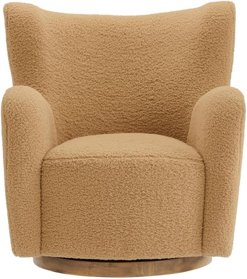 Pemberly Row Contemporary Swivel Accent Chair, Camel Walnut Finish, Fuzzy Sherpa Upholstery, Wingback Design with Wooden Swivel Base, Plush Cushion, 300 lbs Capacity, Living Room or Bedroom Seating