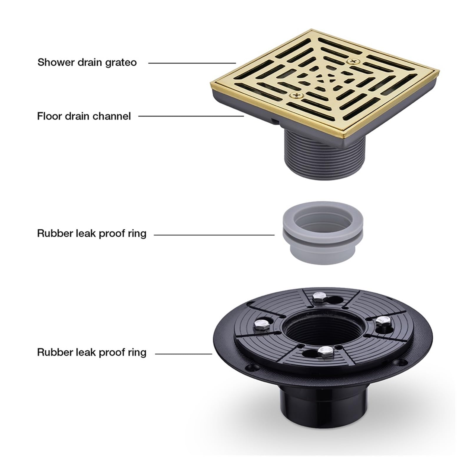 Scarico Doccia Brushed Gold Stainless Steel Square Shower Grate Waste Floor Drain Outlet Black Grates Bathroom Drains Strainer Flanges Coupling(Black)