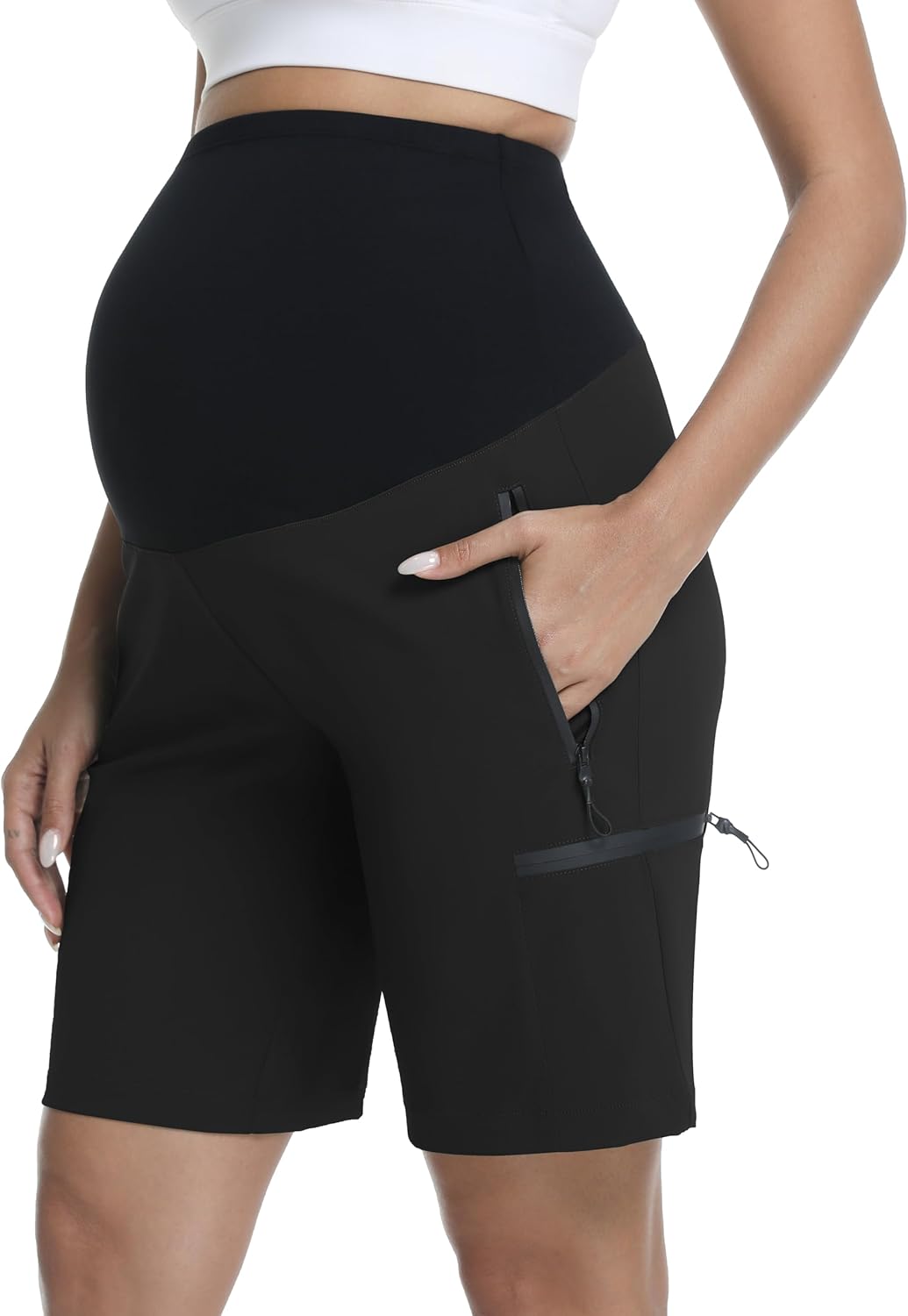 Women's Maternity Shorts Quick Dry Cargo Hiking Shorts Pregnancy Bermuda Athletic Shorts with Zipper Pockets