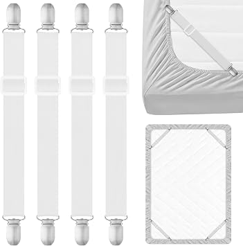 4 Pcs Bed Sheet Clips - Adjustable Bed Sheet Grippers | White Sheet Clips Specifically Designed for Bedding to Hold Sheets Firmly in Place