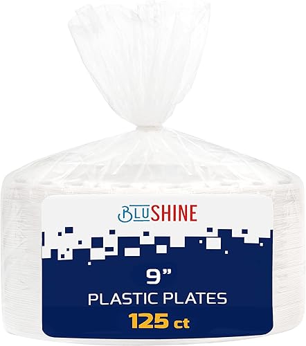 Paquete de 125 platos de plástico blanco de 9 pulgadas, desechables, fuertes y resistentes
