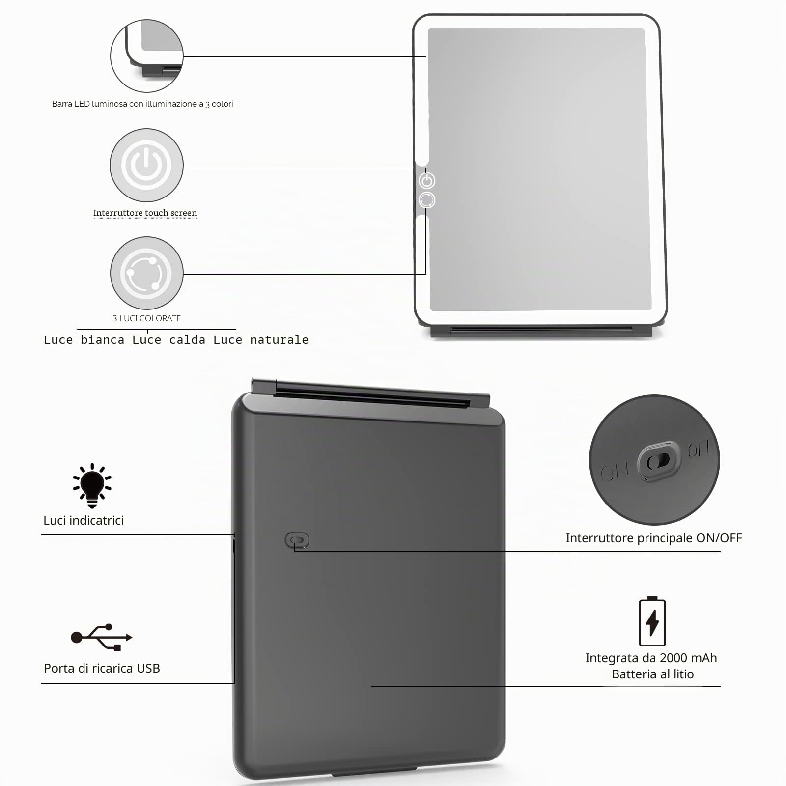 WEILY Specchio Trucco con 72 Luci LED, Touch Screen Tre Colori Regolabile, 2000 mAh USB Ricaricabile Specchio da Viaggio (Nero)