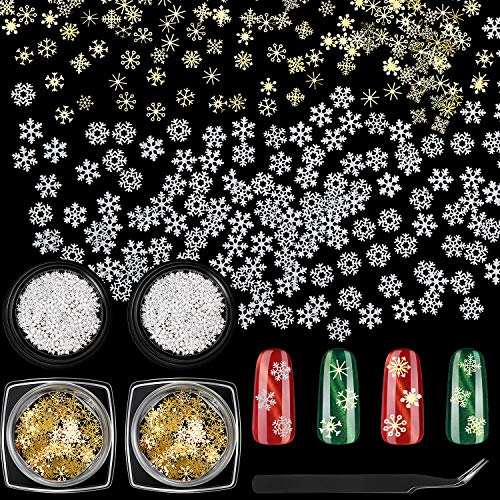 400 Pieces 3D Snowflake Metal Slices Christmas Nail Art Stickers Gold and White Snowflakes Sequins with Tweezer for Christmas Nail Decal Decorations Nail Polish Thin Sticker Designs Manicure