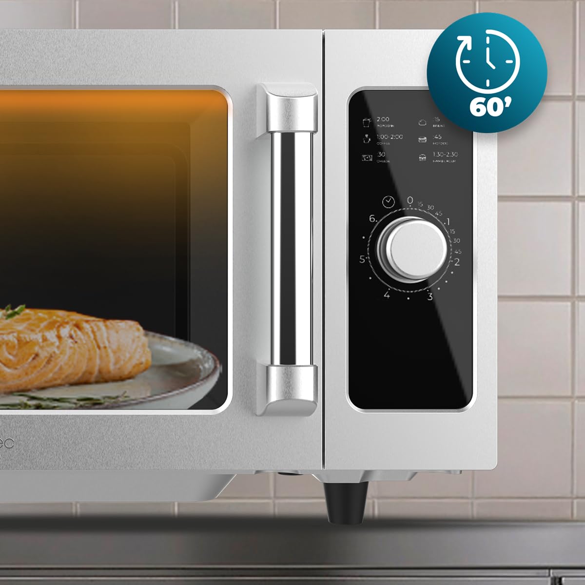 Cecotec Microonde Professionale Senza Piatto 25L FlatPro 2500. 1000W, Magnetron, Controllo Meccanico, Timer 60min, Scongelamento Cottura Rapida, Avviso Sonoro, per uso intensivo e risultati uniformi