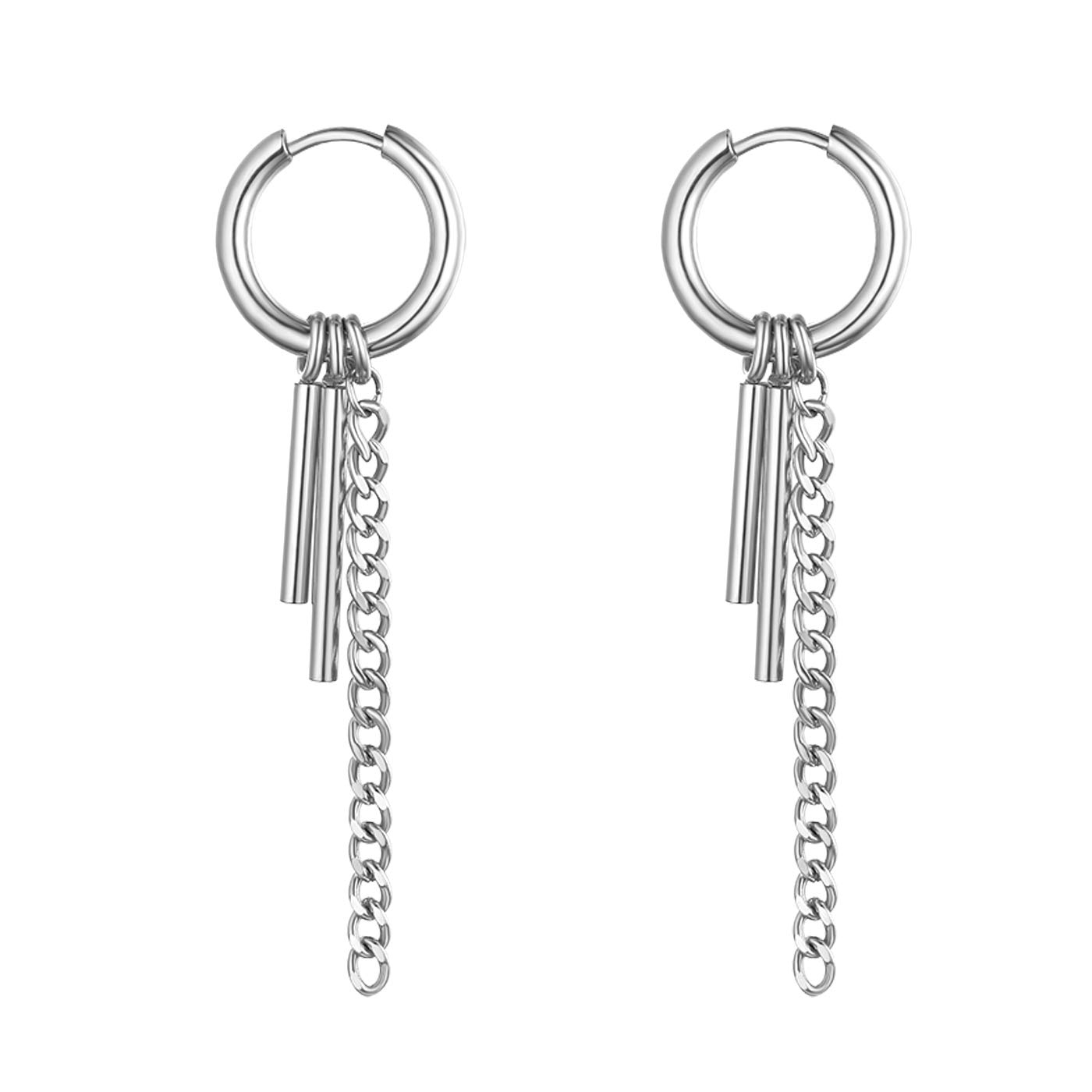 Flongo フープピアス ホースイヤリング ボディピアス チェーン 長い棒 メンズ レディース 男女 ファション ヒップホップ シンプル 両耳/片耳 可愛い アクセサリー クリスマス プレゼント 誕生日 記念日（シルバー）