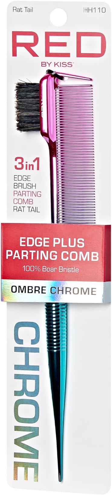 Red by KissOmbre Chrome Edge Brush + Parting Comb, 3 in 1 Styling Tool, 100% Boar Bristles Hairbrush & Sectioning Tail, Durable Comfort Grip for All Hair Types (Rat Tail)