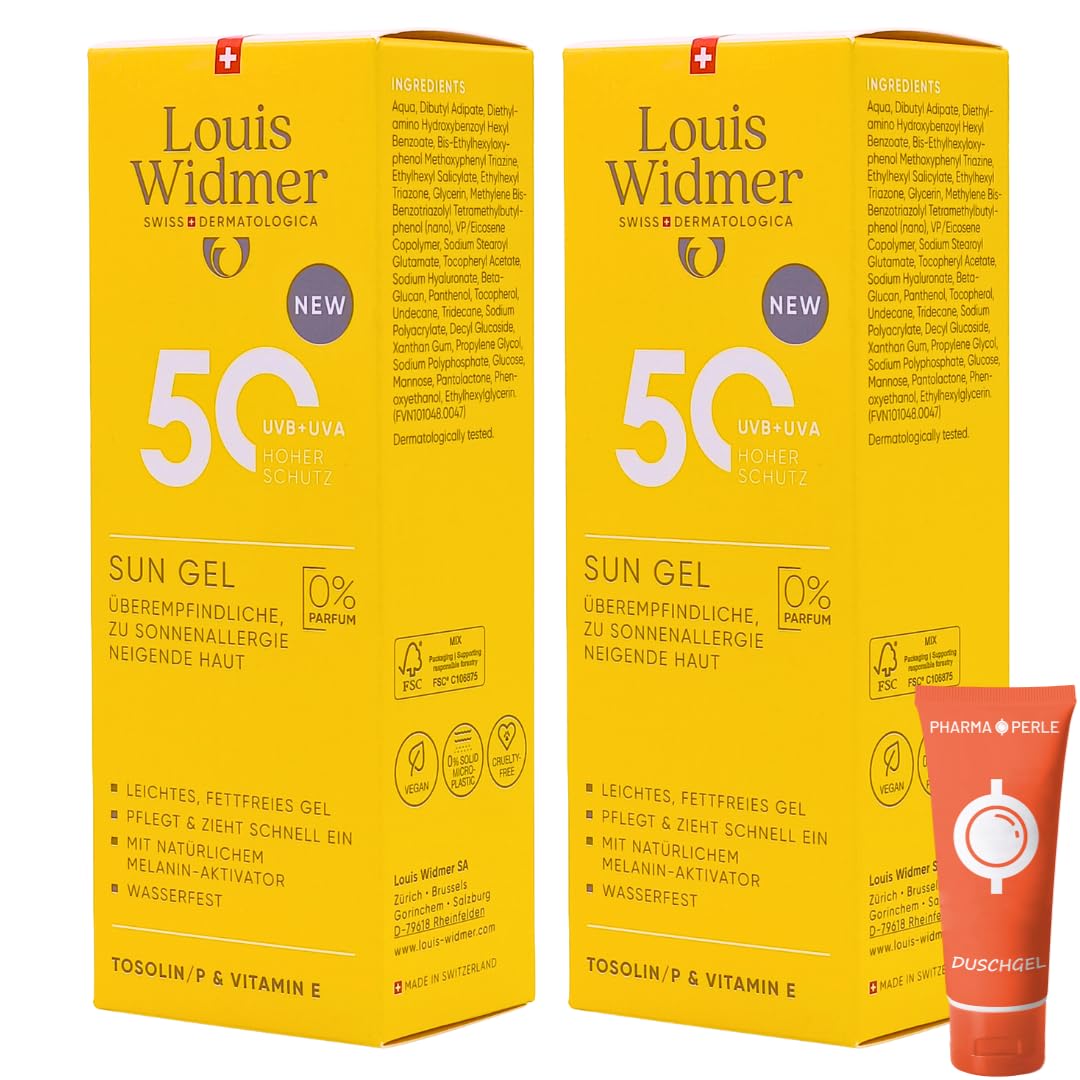 Louis Widmer Sun Gel 50, 2x 100 ml I leichte, fettfreie Gel-Creme I wasserfest I für überempfindliche, zu Sonnenallergie neigende Haut I hoher UV-Schutz I Spar-Set plus Pharma Perle give-away