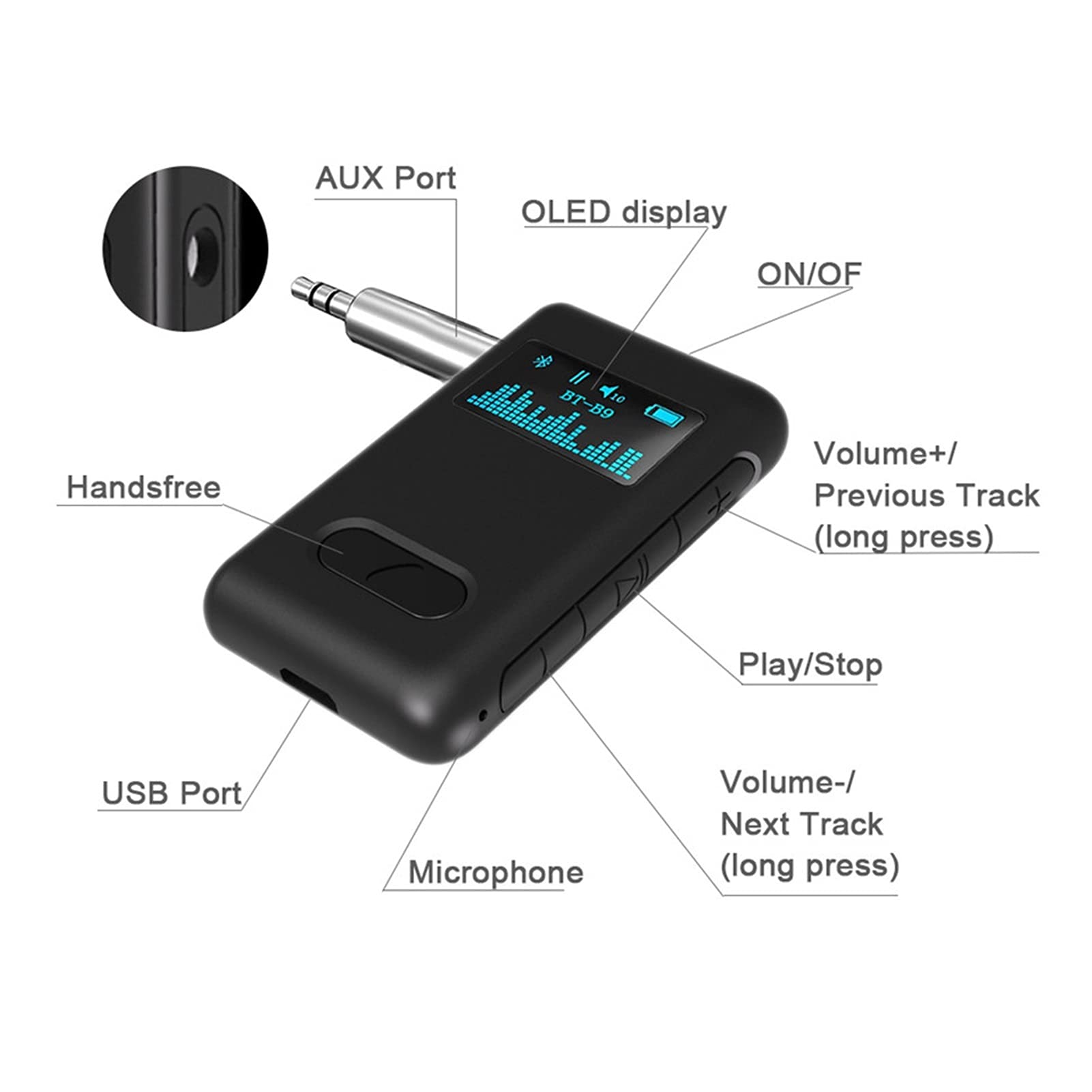 Adapter audio Bluetooth. 10H Odbiornik Bluetooth 5.0 LCD Wyświetlacz AUX 3. 5mm Jack. RCA. Stereo Music Mic Wireless Audio Adapter do zestawów Zestawy samochodowe Auto On