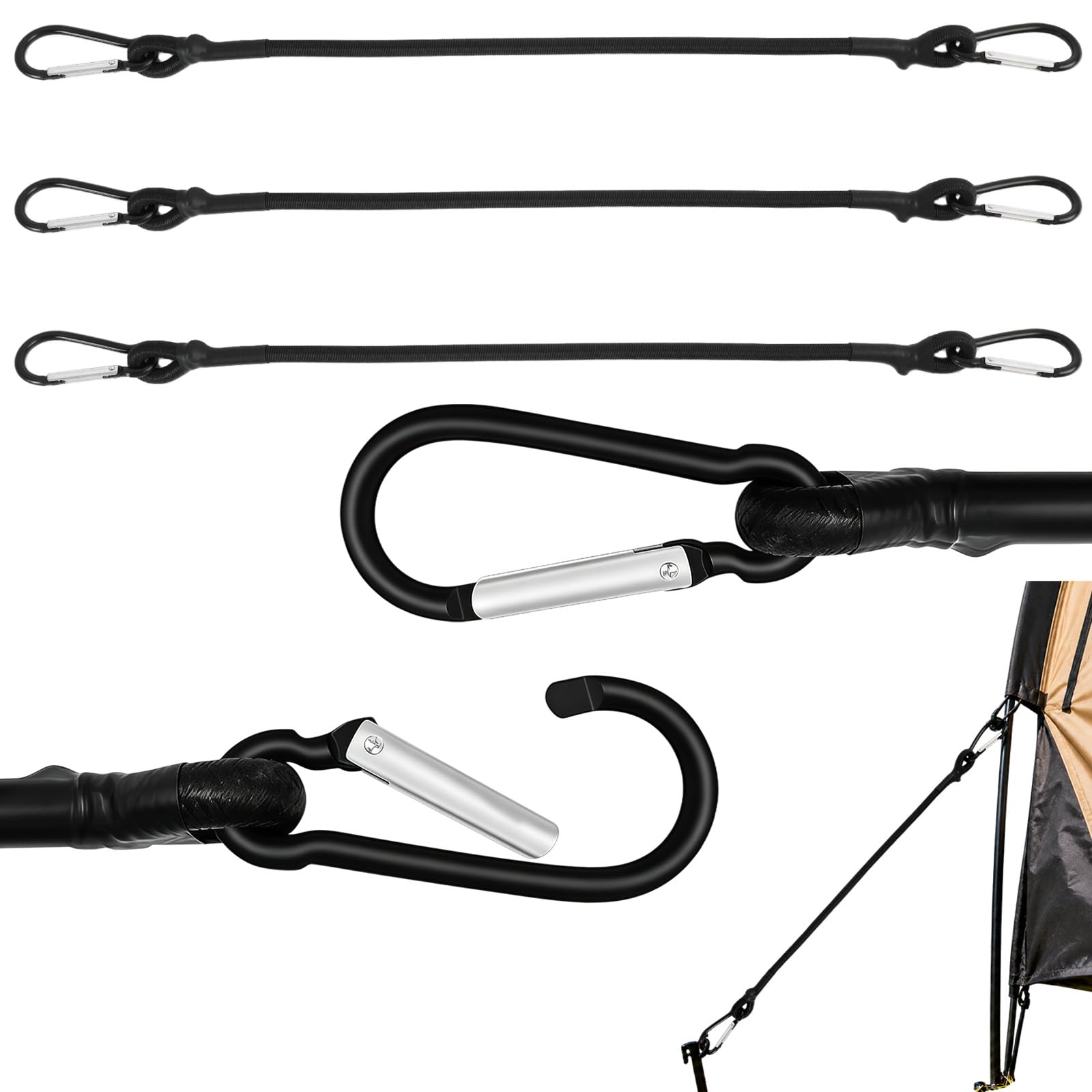 4 Pcs Bungee Cords with Carabiner, 12 Inch Heavy Duty Bungee Cords (6mm), Black Bungee Cord Set No Odour Heavy Duty Outdoor Elastic Bungee Straps for Bike Racks, Roof Racks, Luggage, Camping