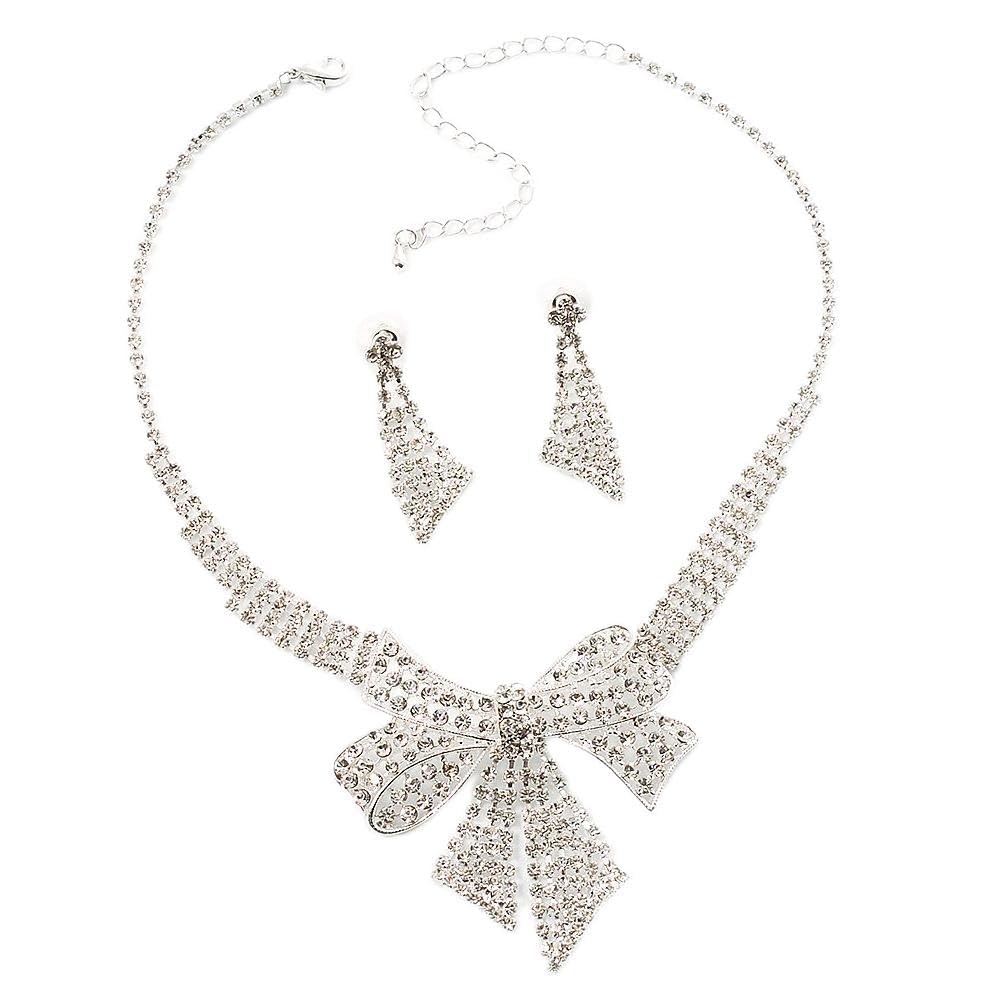 Collar de lazo de cristal y pendientes Avalaya juego de joyeria plateada brillante para bodas 8