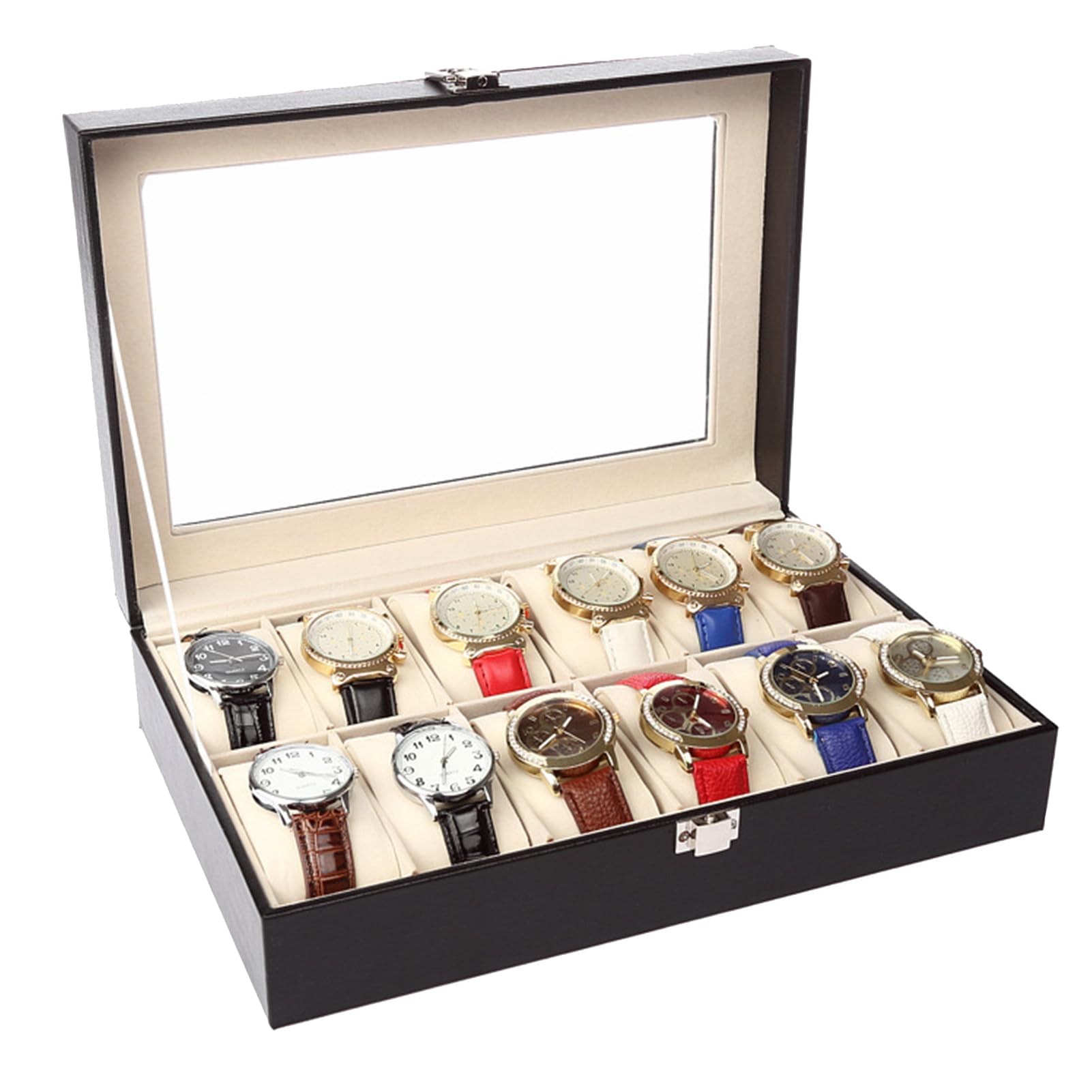 Beauenty 12 Grid Watch Box with Glass Lid Travel Case, Wooden Watch Organizer Box with Removable Watch Pillow Velvet Lining, Metal Clasp, Watch Display(Black)