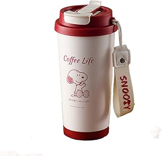 スヌーピー 真空断熱 水筒 魔法瓶 コーヒーカップ 500ml 3WAY飲み口 ストロー付き 大容量 広口 漏れない 保冷保温 おしゃれ アウトドア 洗いやすい 男女兼用 (E)