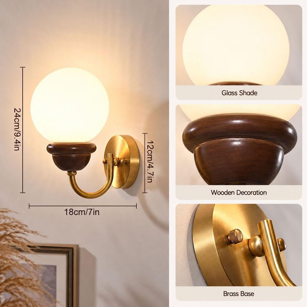 Jadssox Applique murale avec globe en verre opalin luminaire mural bois